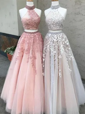 2 Pieces Champagne/Pink Lace Prom Dress, 2 Pieces Lace Formal Dress, 2 Pieces Lace Graduation Dress