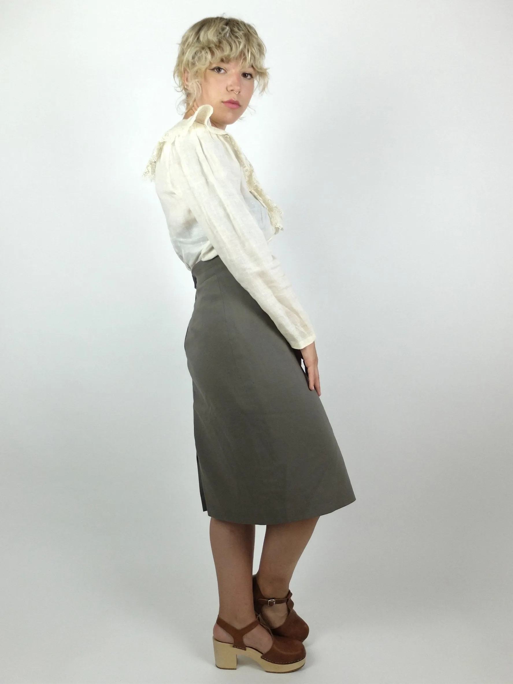 80s Max Mara Olive Green High Waisted Pencil Midi Skirt