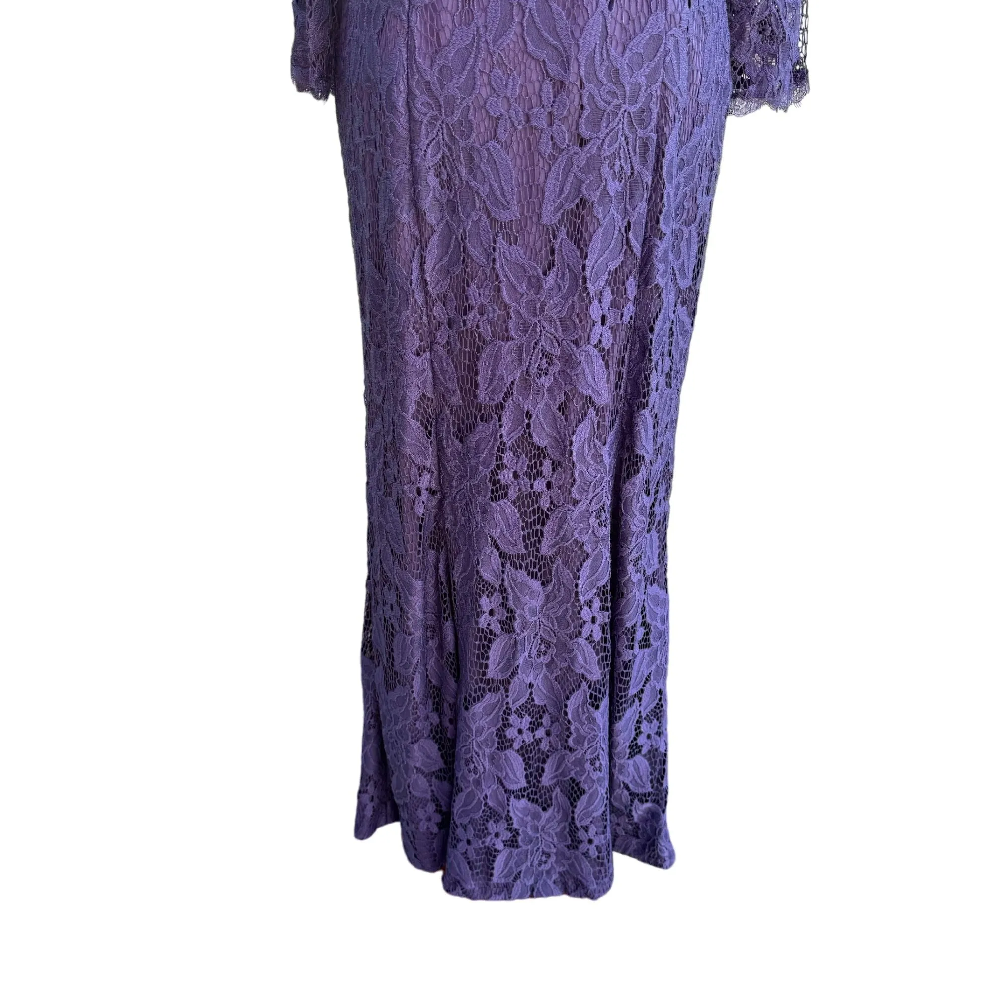 Adrianna Papell Womens Glam Purple Illusion Lace Beaded Waist Long Sleeve Gown