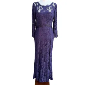 Adrianna Papell Womens Glam Purple Illusion Lace Beaded Waist Long Sleeve Gown