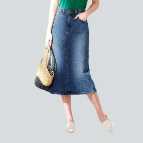 Asymmetric seam midi denim skirt