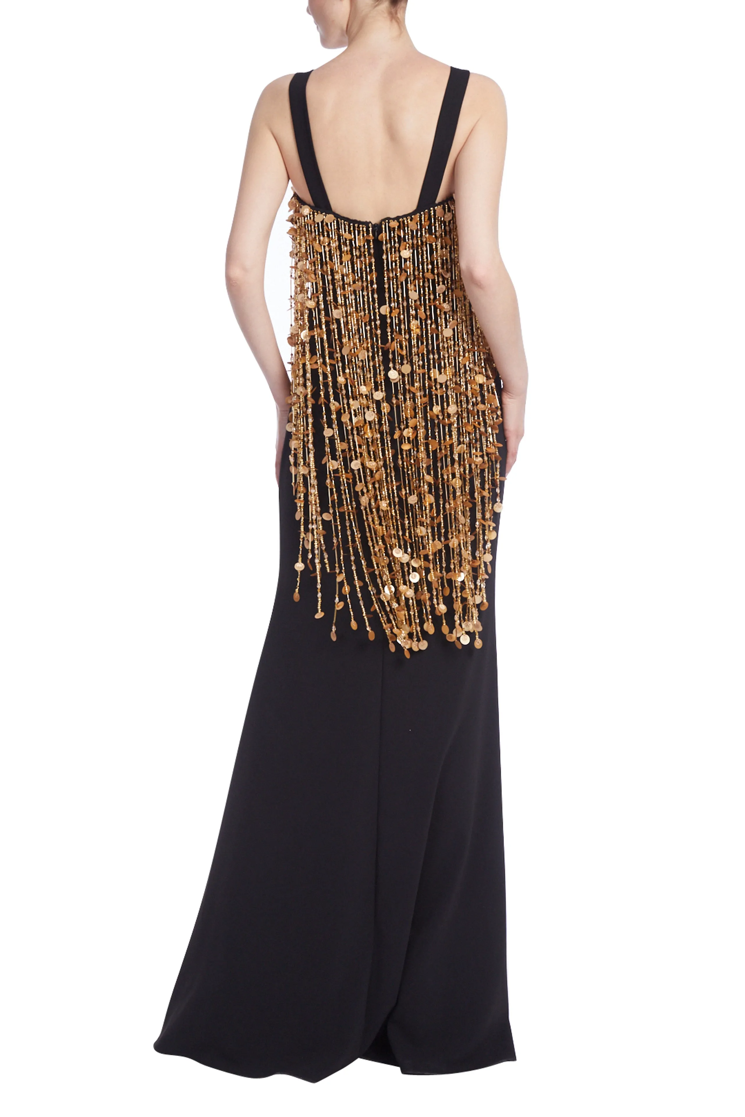 Badgley Mischka Gold Beaded Fringe Column Gown