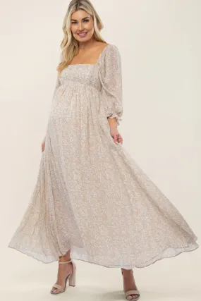 Beige Chiffon Printed Square Neck Empire Maternity Maxi Dress