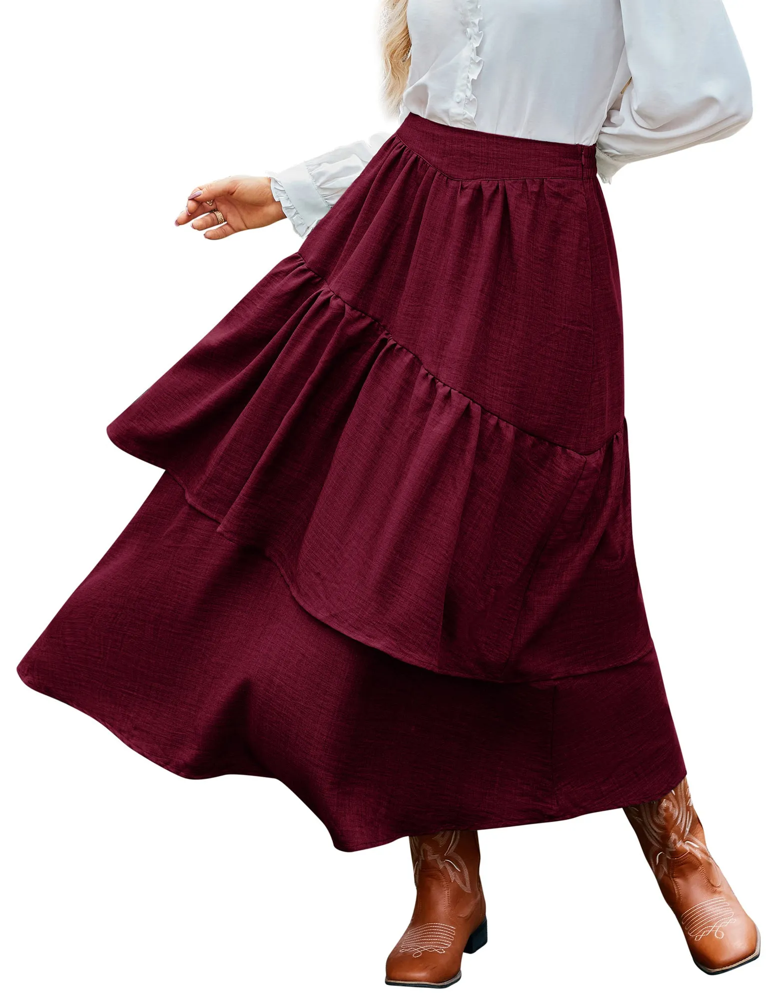 BP Women Vintage 2-Layer Swing Skirt Elastic High Waist Maxi Skirt