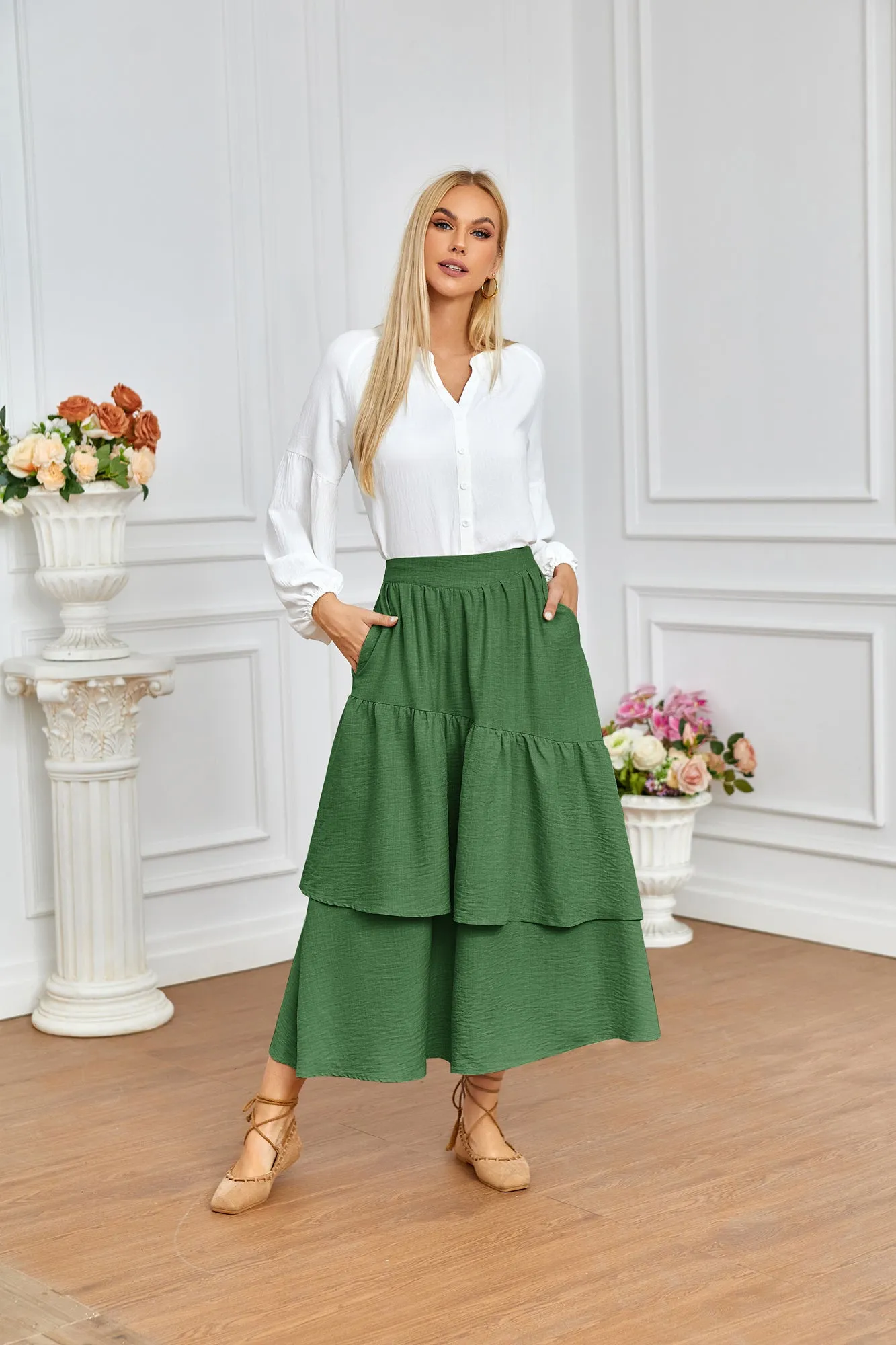 BP Women Vintage 2-Layer Swing Skirt Elastic High Waist Maxi Skirt