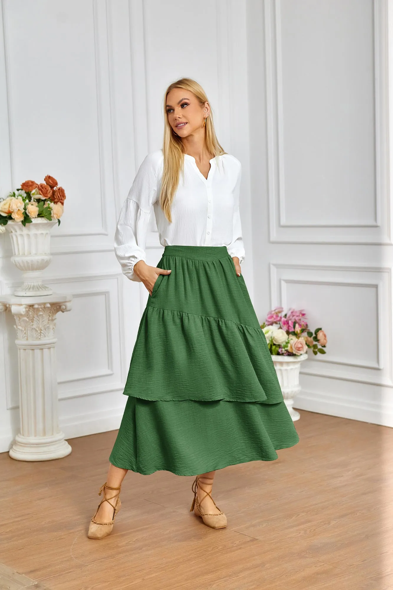 BP Women Vintage 2-Layer Swing Skirt Elastic High Waist Maxi Skirt