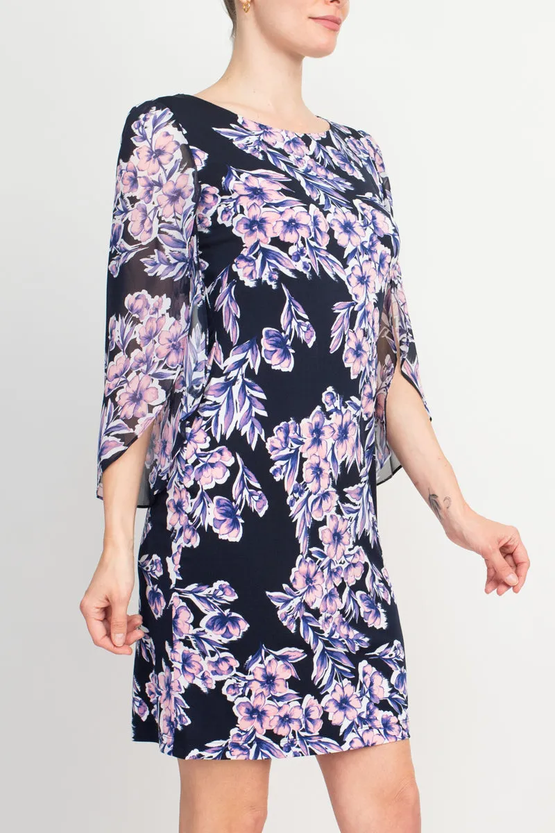 Connected Apparel Navy Floral-Print Bell-Sleeve Dress in Matte Jersey