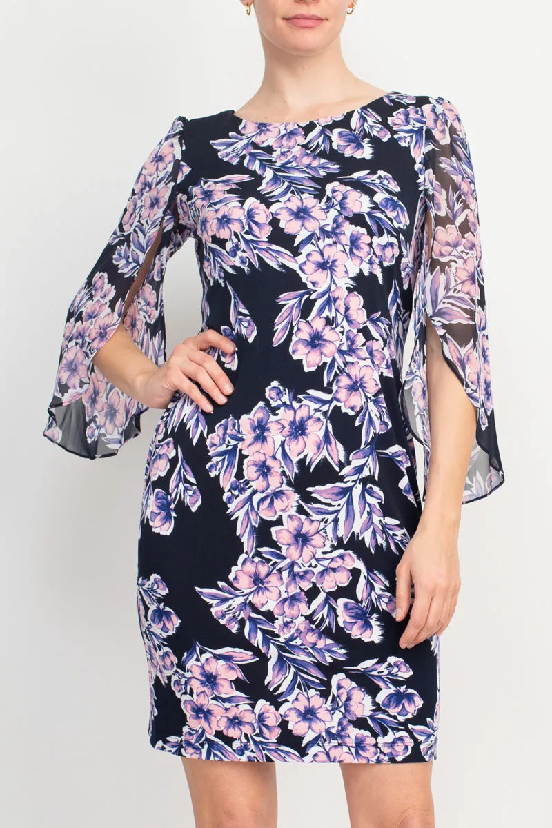 Connected Apparel Navy Floral-Print Bell-Sleeve Dress in Matte Jersey