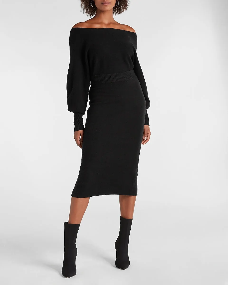 Cozy Midi Sweater Pencil Skirt in Pitch Black