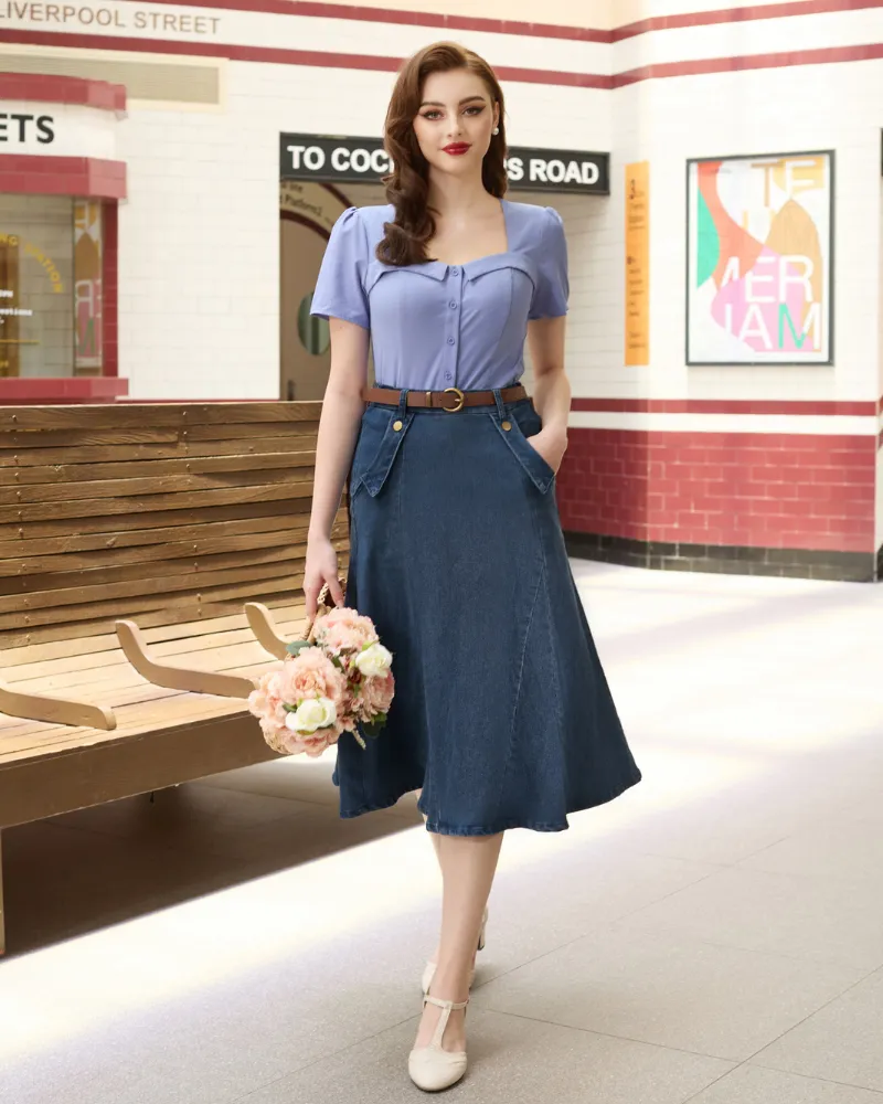 Denim Skirts Knee Length Vintage Elastic High Waist A-Line Midi Jean Skirts with Pockets