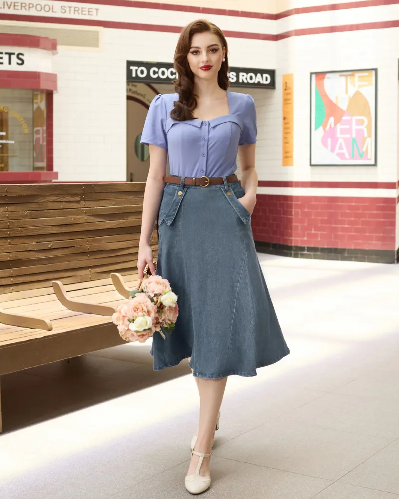 Denim Skirts Knee Length Vintage Elastic High Waist A-Line Midi Jean Skirts with Pockets