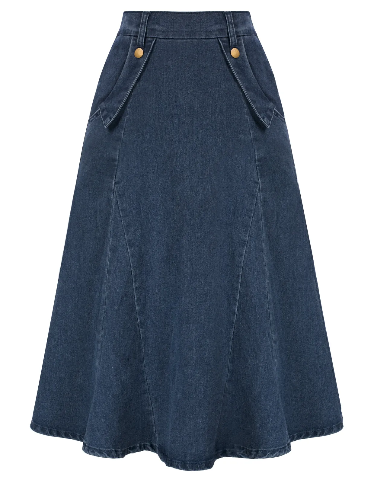 Denim Skirts Knee Length Vintage Elastic High Waist A-Line Midi Jean Skirts with Pockets