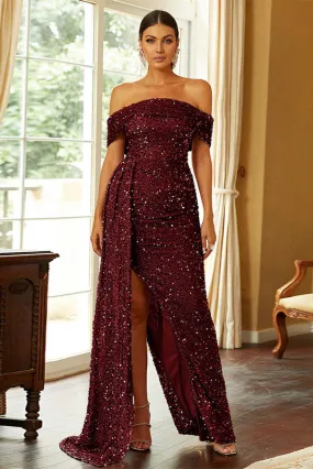 Elegant Burgundy Off Shoulder Formal Evening Dress Prom Gown