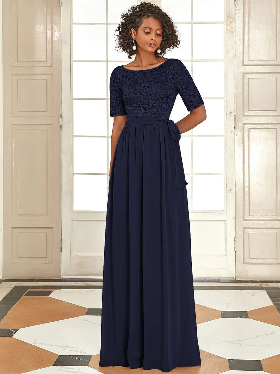 Elegant Lace Bodice Chiffon Maxi Evening Dress with Belt