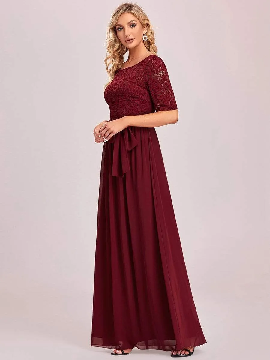 Elegant Lace Bodice Chiffon Maxi Evening Dress with Belt