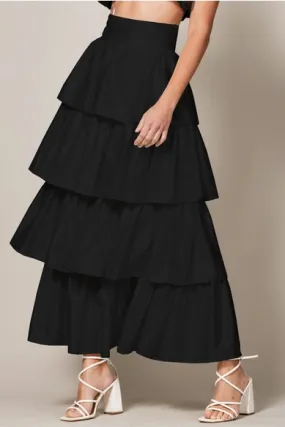 Endless Blu Tiered Black Satin Maxi Skirt