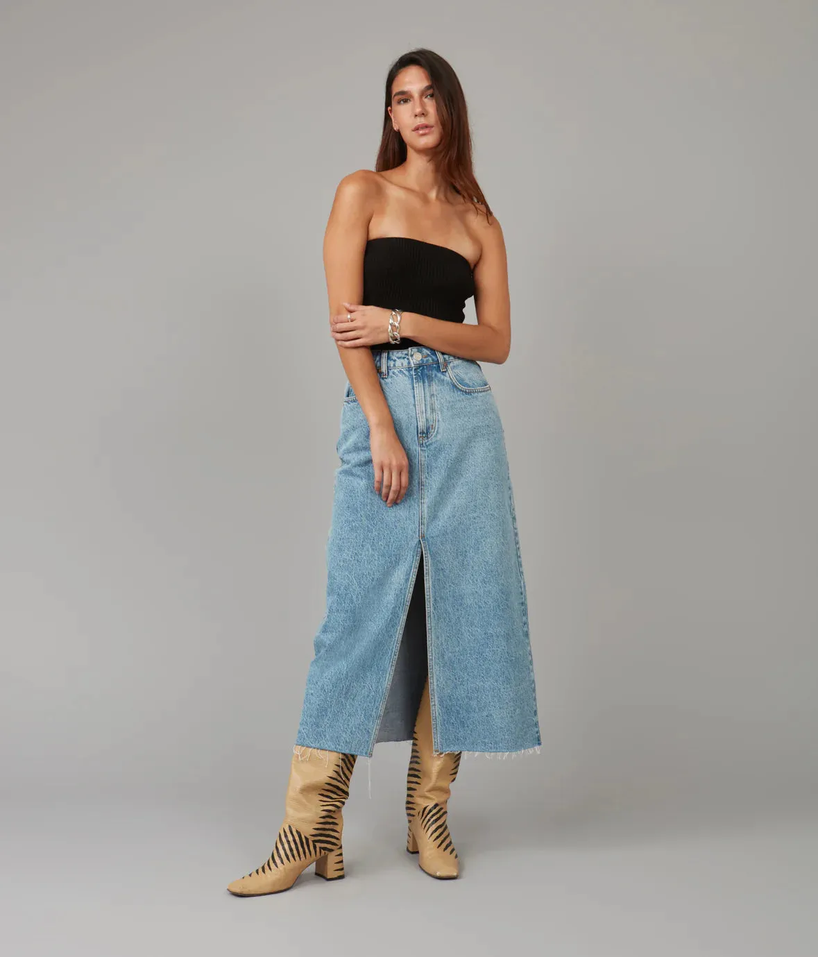 Halston Denim Maxi Skirt - Vintage Ice Blue