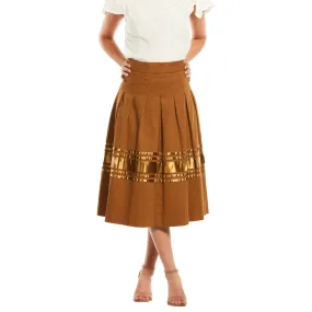 J. Peterman Women's Contrast Ribbon Pleated Skirt in Tobacco