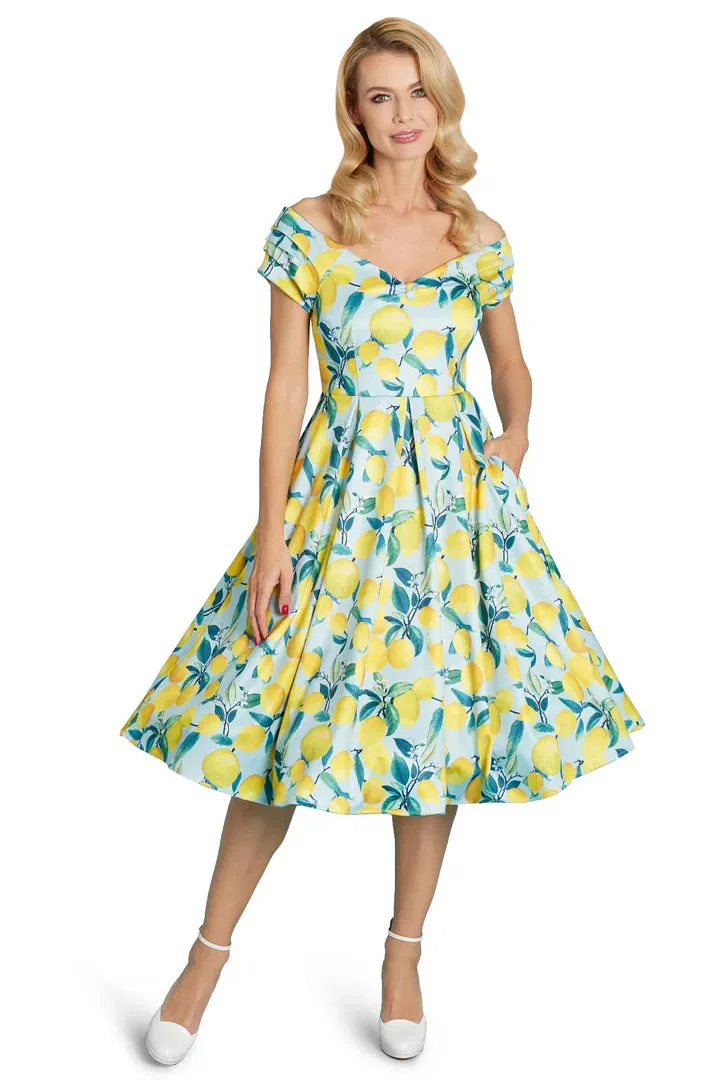 Lily Off Shoulder Blue/Yellow Lemon Dress by Dolly and Dotty