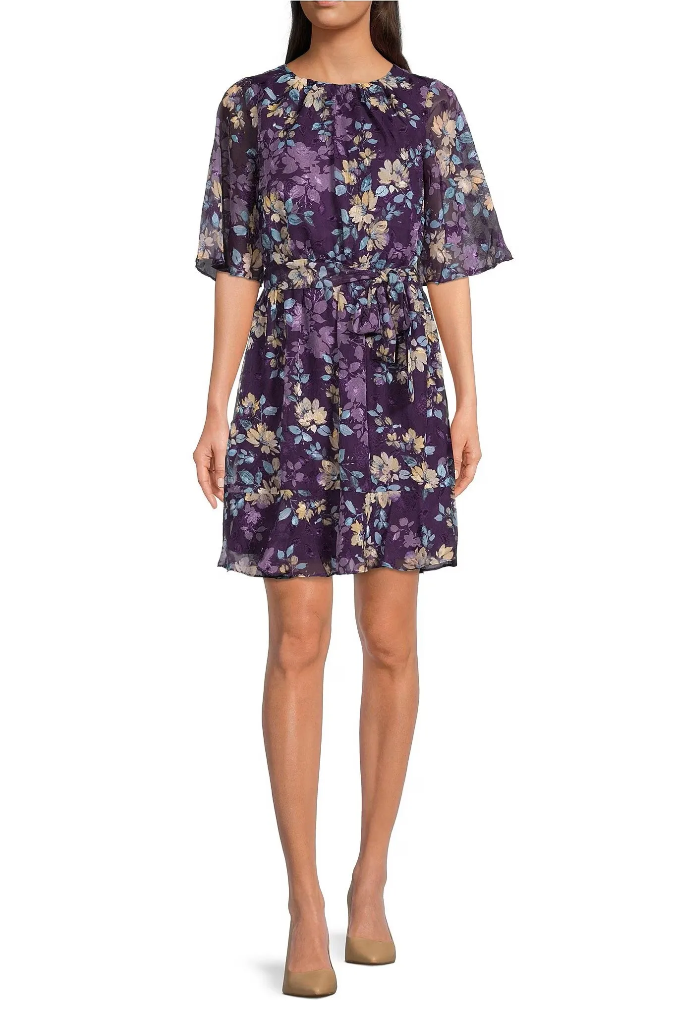 London Times Crew Neck Short Sleeve Tie Waist Floral Chiffon Dress