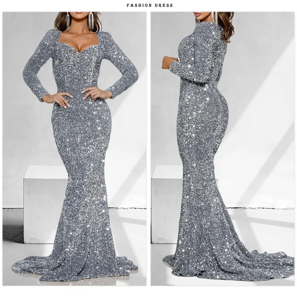 Luxury Long Sleeve Evening Gown Sequin Stretchy Velvet V Neck Mermaid Prom Floor Length Formal Cocktail Dress