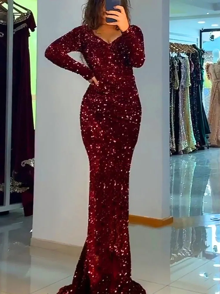 Luxury Long Sleeve Evening Gown Sequin Stretchy Velvet V Neck Mermaid Prom Floor Length Formal Cocktail Dress