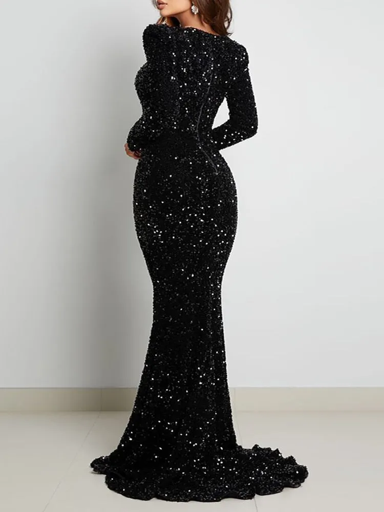 Luxury Long Sleeve Evening Gown Sequin Stretchy Velvet V Neck Mermaid Prom Floor Length Formal Cocktail Dress