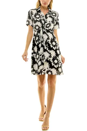 Nicole MIller Collared Short Sleeve Gathered Front Floral Print Crepe Chiffon Dress