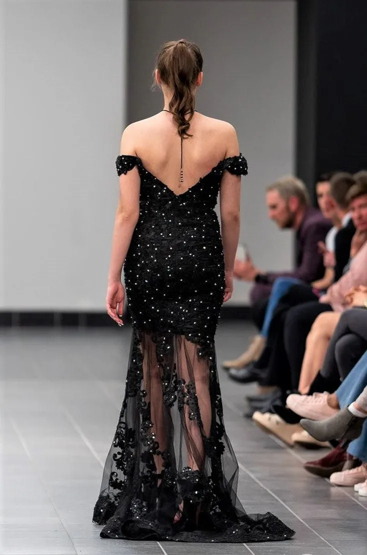 NIGHT SKY Black Beaded Lace Low Back Mermaid Evening Gown