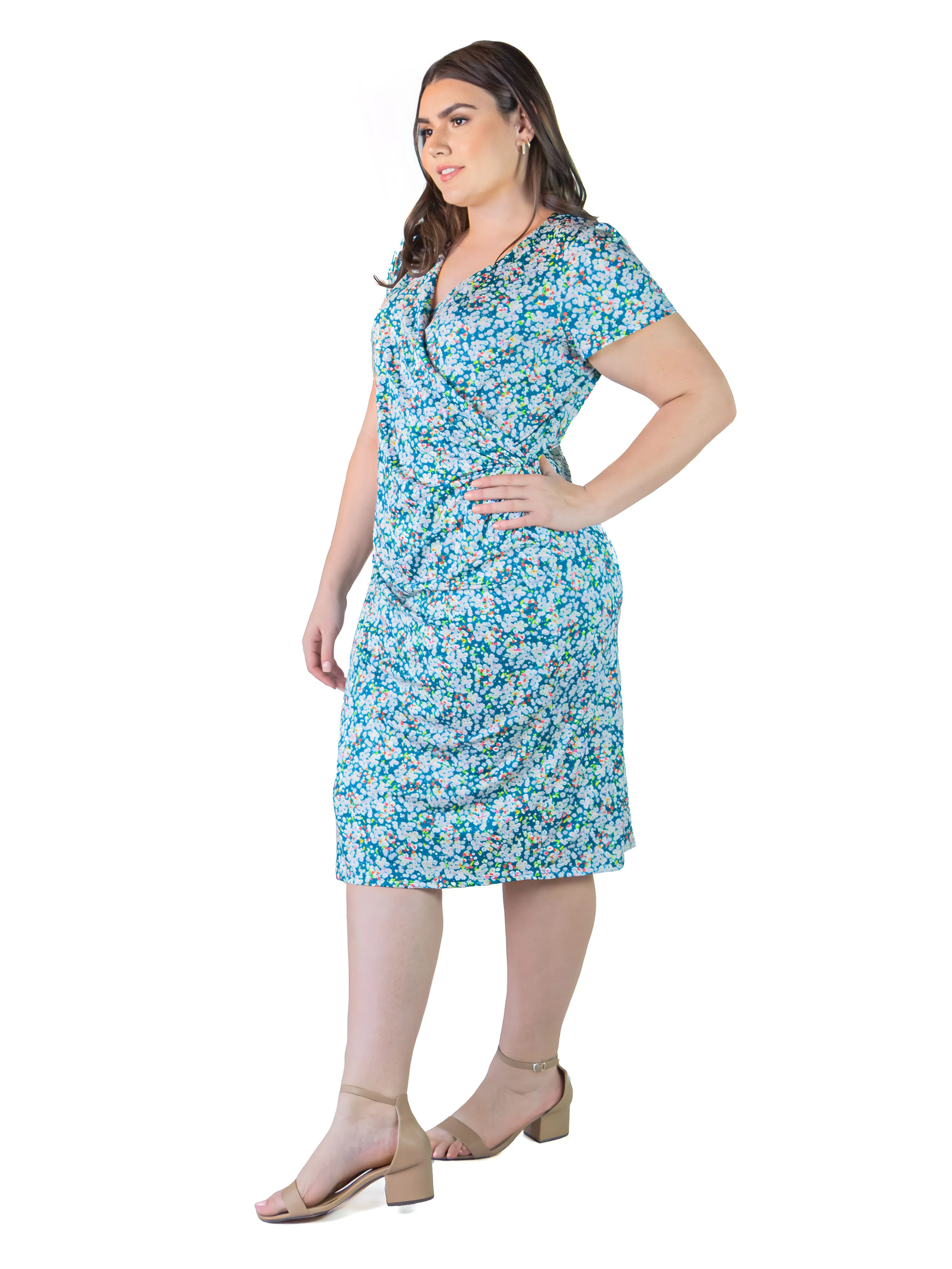 Plus Size Teal Mini Flower Print Short Sleeve Knee Length Faux Wrap Dress