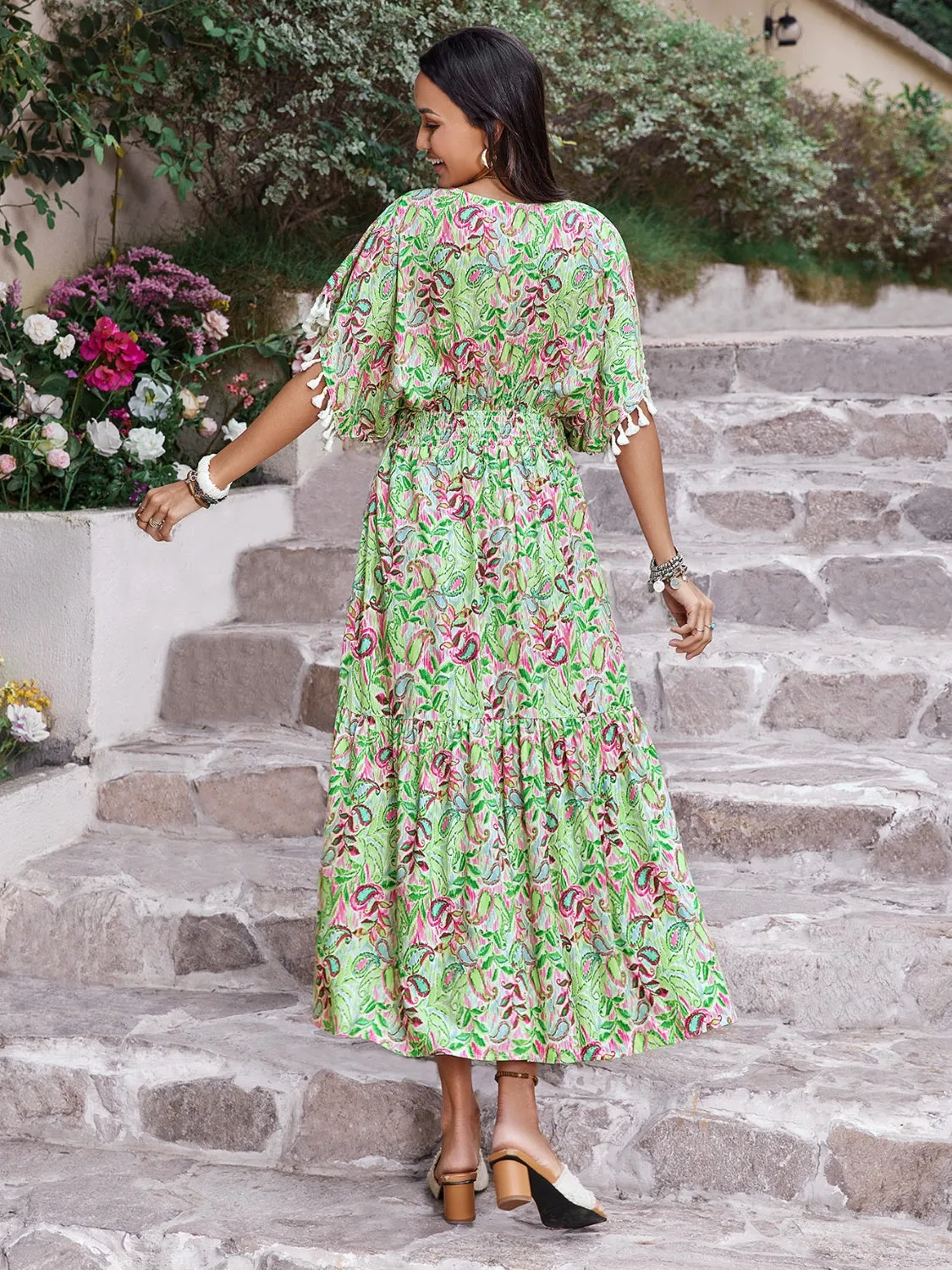 Smocked Floral V-Neck Short Sleeve Maxi Dress Women's Casual Day Dresses