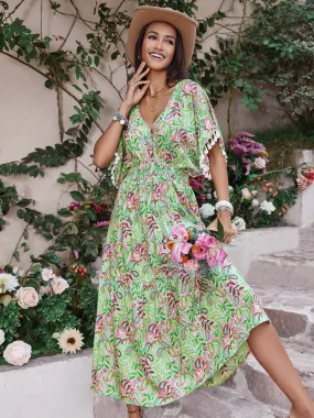 Smocked Floral V-Neck Short Sleeve Maxi Dress Women's Casual Day Dresses