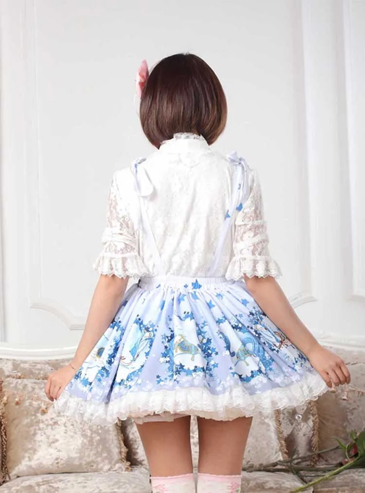 Sweet Light Sky Blue Star and Flying Horse Printed Pleated A line Lolita Skirt with Lace Trimming