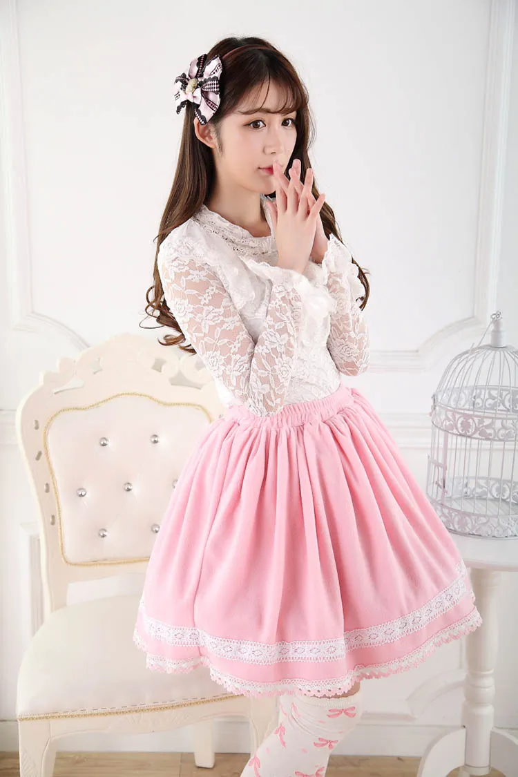 Sweet Pink Elastic Waist Pleated Lady's Lolita Skirt with Detachable Bow and Pearl Chain