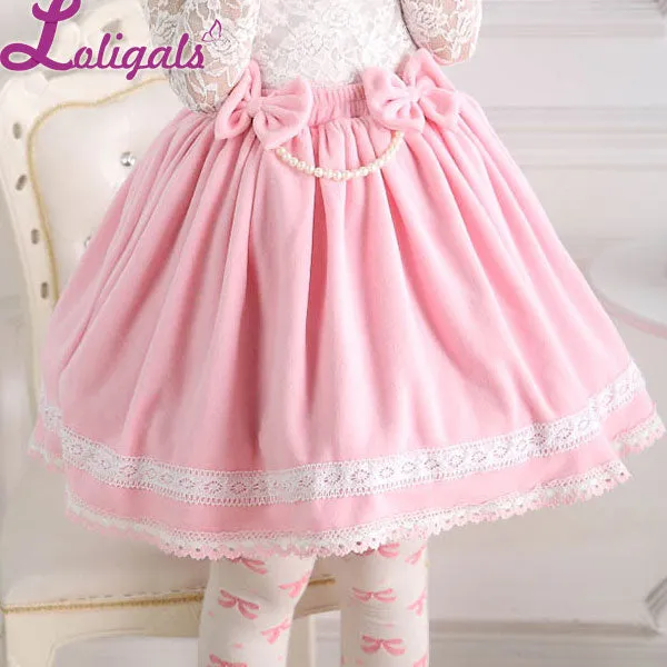 Sweet Pink Elastic Waist Pleated Lady's Lolita Skirt with Detachable Bow and Pearl Chain