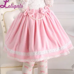 Sweet Pink Elastic Waist Pleated Lady's Lolita Skirt with Detachable Bow and Pearl Chain