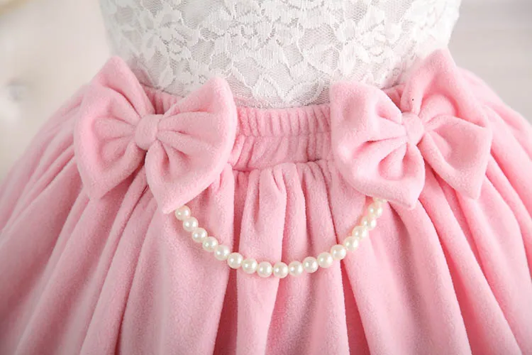 Sweet Pink Elastic Waist Pleated Lady's Lolita Skirt with Detachable Bow and Pearl Chain