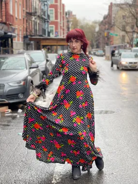 Vintage 70s Polka Dot Ostrich Feather Maxi Dress