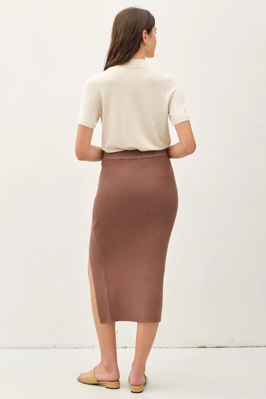 Willow High Waist Rib Knit Midi Skirt Brown