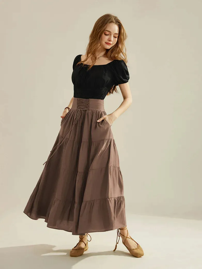 Women Renaissance Tiered Swing Skirt with Pocket