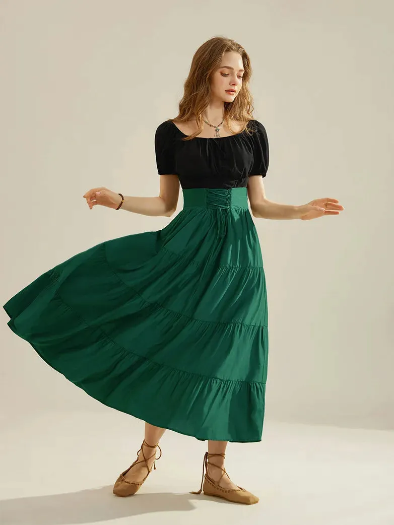 Women Renaissance Tiered Swing Skirt with Pocket