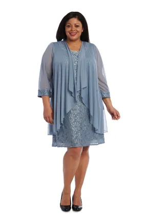 Women's Plus Size Sheer Draped Jacket and Pearl-Embellished Lace Shift Dress